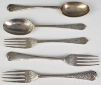 Five Victorian and later hallmarked silver forks and spoons, all with engraved decoration, length of