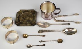 Hallmarked silver items comprising pair of napkin rings, five various spoons, Art Deco ashtray and a