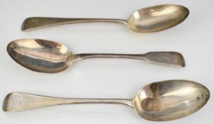 Three William IV and later hallmarked silver table spoons comprising Victorian pair, London 1865,