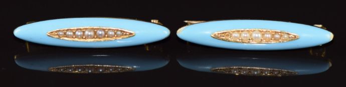 A pair of Edwardian brooches set with aqua enamel and seed pearls, 2.6g, 2.2cm