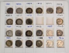 A collection of English sixpences ranging from 1757 through to 1881, comprising George II plain