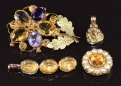 A c1900 citrine and amethyst brooch, 9ct gold pendant set with foiled paste, section of Victorian