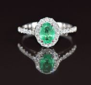 A 14ct white gold ring set with an oval cut emerald of approximately 0.78ct surrounded by round