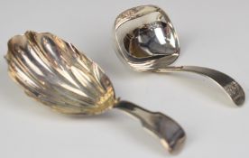 Two hallmarked silver caddy spoons comprising Georgian example, London 1813, maker's mark JS, likely