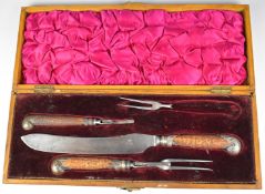 Cased hallmarked silver mounted horn handled carving set, Sheffield 1906, maker's mark HH, in oak