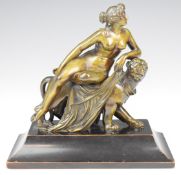 After Auguste Moreau bronze figure of a lady atop a panther, on ebonised base, length 18cm