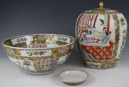 Chinese famille verte covered vase and a punch bowl, all with seal mark to base, height 35cm