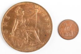 1902 Edward VII penny 'normal tide' variety UNC, together with a 'model penny'
