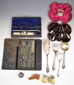 Cased Victorian or early 20thC sewing set with mother of pearl handles, width of case 21cm, cased