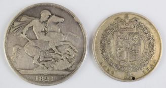 George IV 1821 crown, F+, together with an 1823 half crown, F+ but with tiny drill hole