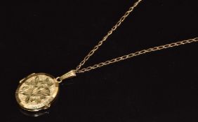 A 9ct gold locket with floral and foliate decoration (2cm) on 9ct gold chain, 5g, 40cm