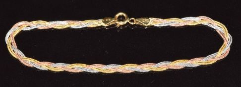 A tri-coloured 18ct gold plaited bracelet, 3g, 19cm long