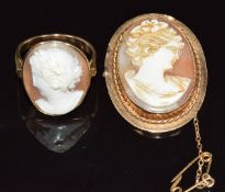 A 9ct gold ring (size N) and 9ct gold brooch, both set set with a cameo (2.3 x 3cm), 9g