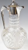 Silver plated and cut glass claret jug, maker John Grinsell & Sons, height 22.5cm