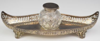 Victorian hallmarked silver desk stand or inkwell with pierced galleried tray, raised on four