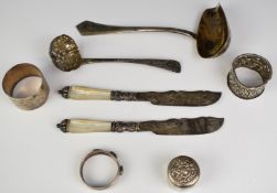 Hallmarked and other silver items to include Czechoslovakian ladle with gilt bowl, three
