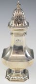 George V hallmarked silver sugar caster of octagonal baluster form with incuse corners, London 1913,