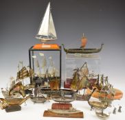Model ships and boats, some silver plated, to include two Danish Viking examples marked Edw