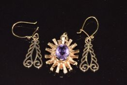 A pair of 9ct gold earrings and a 9ct gold pendant set with an oval cut amethyst (2cm), 4.2g