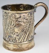 Victorian hallmarked silver mug or tankard with embossed decoration, London 1891, maker Martin, Hall