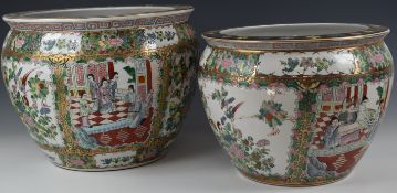 Two Chinese famille verte jardinières or fish bowls, with seal marks to base, height 30cm