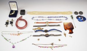 A collection of costume jewellery including rolled gold watch, Seiko watch, designer bangle, Art