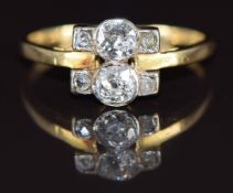 Art Deco 18ct gold ring set with old and rose cut diamonds, the two largest diamonds approximately