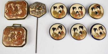 Six Satsuma buttons, Japanese Satsuma hair pin and Japanese Satsuma belt buckle