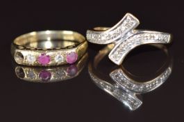 A 9ct gold ring set with diamonds in a cross over design (1.9g, size K) and a 9ct gold ring set with