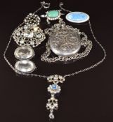 A c1900 silver necklace and brooch set with paste, silver locket and chain, silver turtle set with