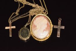 Three 9ct gold chains, 9ct gold locket, two 9ct gold crosses and a cameo, 14.8g