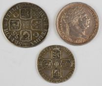 1723 George I sscc shilling, F+ together with a George II 1758 sixpence, F-VF and an 1817 George III