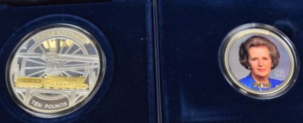 Westminster 5oz silver proof Flying Scotsman coin together with a similar 2oz Baroness Thatcher