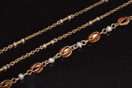 A 9ct gold bracelet made up of alternating cage links set with red enamel and seed pearls (5.2g,