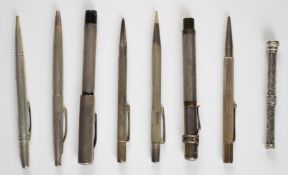 Eight hallmarked and other silver pens and pencils including fountain pen with 14ct gold nib,