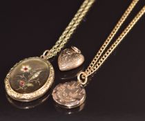 Two 9ct gold back and front lockets, 9ct gold heart pendant, and two 9ct gold chains, 38cm & 60cm