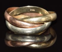 A 9ct gold tri-coloured Russian style wedding band / ring, 4.3g, size L
