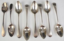 Eight Georgian Old English pattern hallmarked silver teaspoons, six being Bateman, length of longest