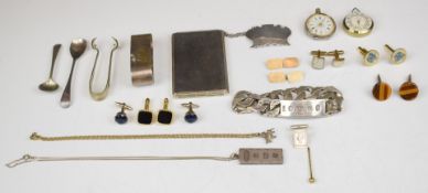 A collection of silver jewellery including continental ladies fob watch, cufflinks, curb link