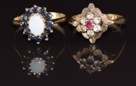 Two 9ct gold rings, one set with an opal surrounded by sapphires and the other synthetic ruby and