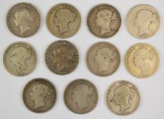 Eleven Queen Victoria young head half crowns, various grades F - VF, approximately 148g