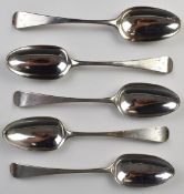 Set of five Georgian bottom hallmarked dessert or table spoons, London 1759, maker's mark WJ, length