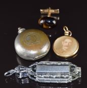 Art Deco lorgnette, rolled gold locket, sovereign holder and single cufflinks