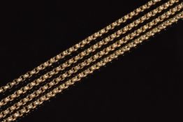 A c1920 9ct gold guard chain made up of oval faceted links, 31g, 144cml long