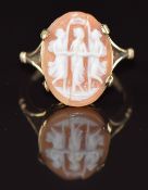 A 9ct gold ring set with a cameo depicting the Three Graces, 3.2g, size L