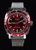 Borea skin diver's wristwatch with date aperture, luminous hands and hour markers, red dial and