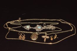 A 9ct gold tri-coloured locket, 9ct gold cross pendant set with rubies, sapphires and peridot, two