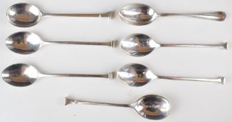 Six George V hallmarked silver seal top teaspoons, various dates and makers circa 1930, together