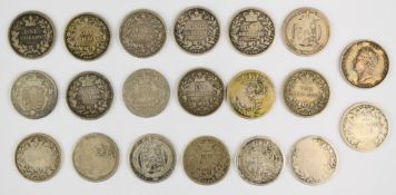 Twenty English shillings including George III, George IV, William IV and young head Queen Victoria