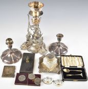 Silver plated centrepiece with swan feet, height 32.5cm, hallmarked silver cigarette case, cased